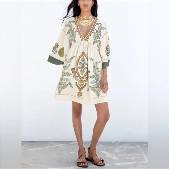 #20 NEW ! CLOSEOUT FIRM 🌸Embroidered Cotton Linen blend Mini Dress in Cream Sage - Picture 8 of 9